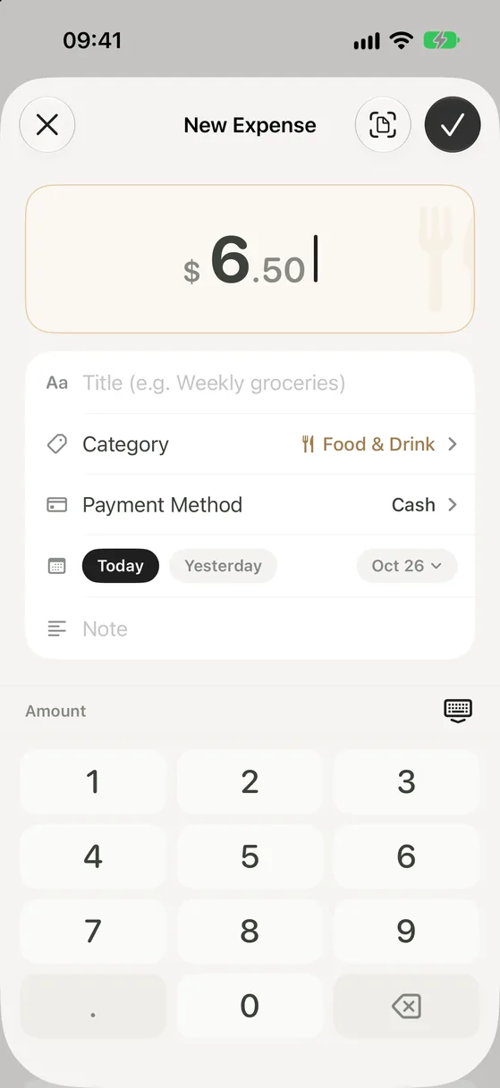 Walti’s New Expense screen: $6.50 in Food & Drink with Cash as the payment method, dated today, with the number pad open.