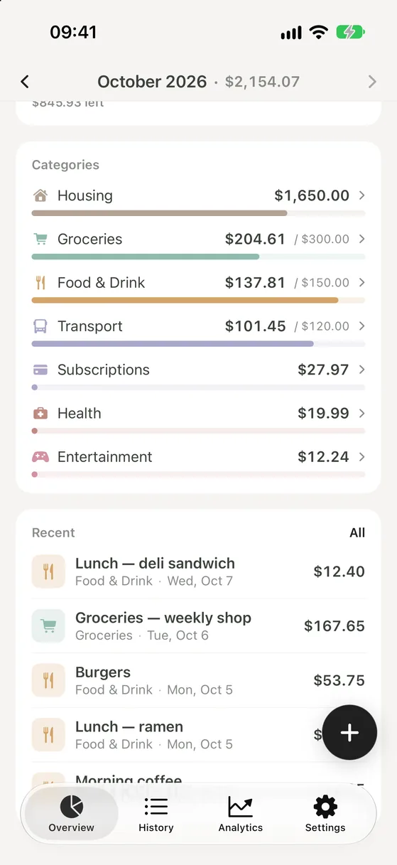 Walti’s Overview for October 2026 with $2,154.07 spent, and a Categories list: Housing $1,650.00, Groceries $204.61, Food & Drink $137.81, Transport $101.45, Subscriptions, Health and Entertainment.
