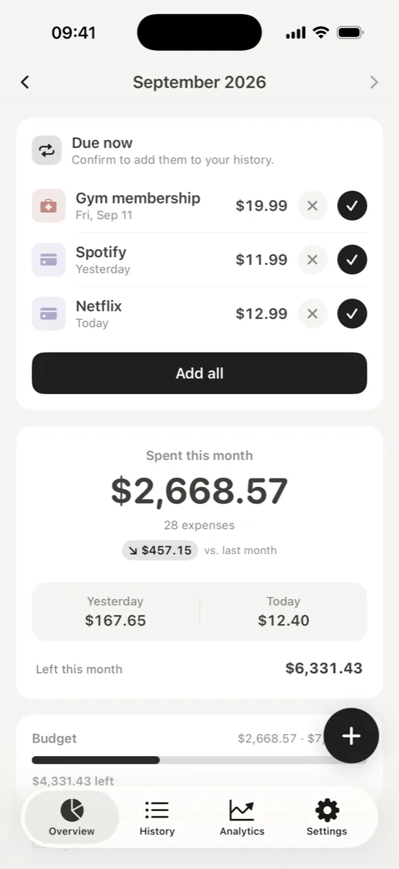 Walti's Overview with a “Due now” card: Gym membership $19.99, Spotify $11.99 and Netflix $12.99, each with skip and confirm buttons, and an Add all button.