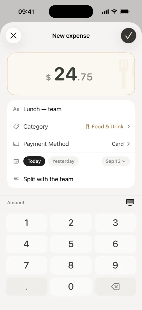 Walti's New expense screen: $24.75 for “Lunch — team” in Food & Drink, paid by card, dated today, with the number pad open.