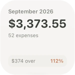 Walti Month widget: September 2026, $3,373.55 across 52 expenses, $374 over budget at 112%.