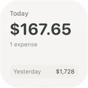 Walti Today widget: $167.65 today in 1 expense, $1,728 yesterday.