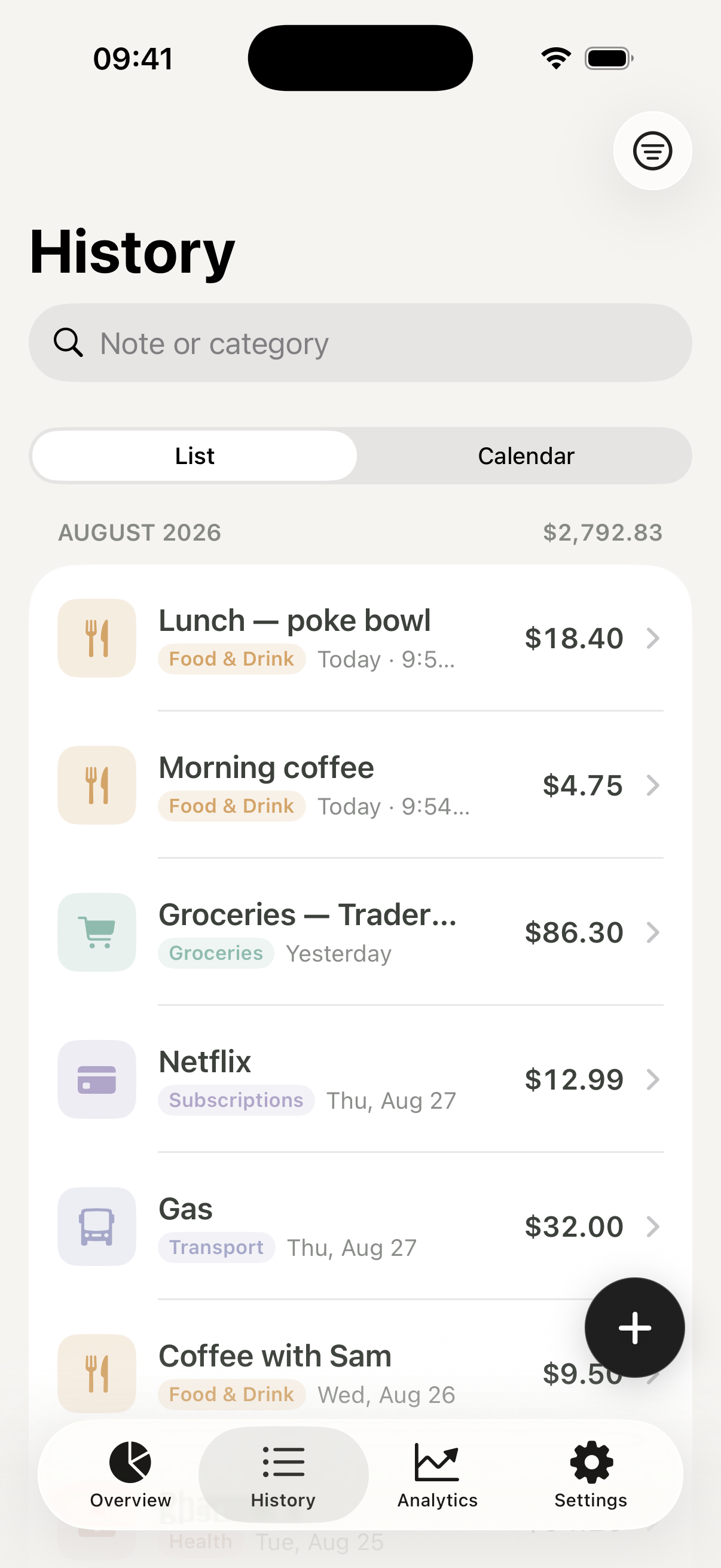 Walti History screen: every logged expense, searchable.